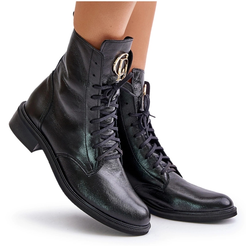 Kotníkové Boty Lakované Workery Se Zlatým Detailem Na Zip Zazoo 2955 Černé 35