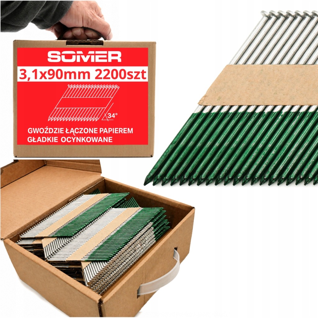 Hřebíky spojované papírem 34° Hladké pozinkované 90 mm, 3,1 mm, 2200 ks