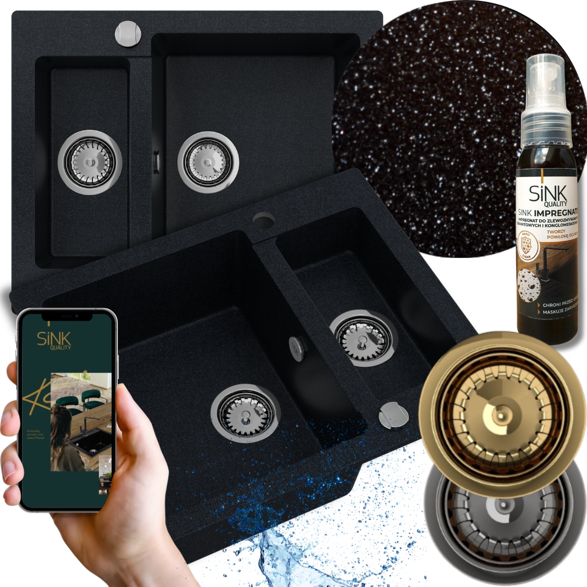 Kuchynský Drez s polovičným morom, Granitový, čierny, metalický Sifón Auto