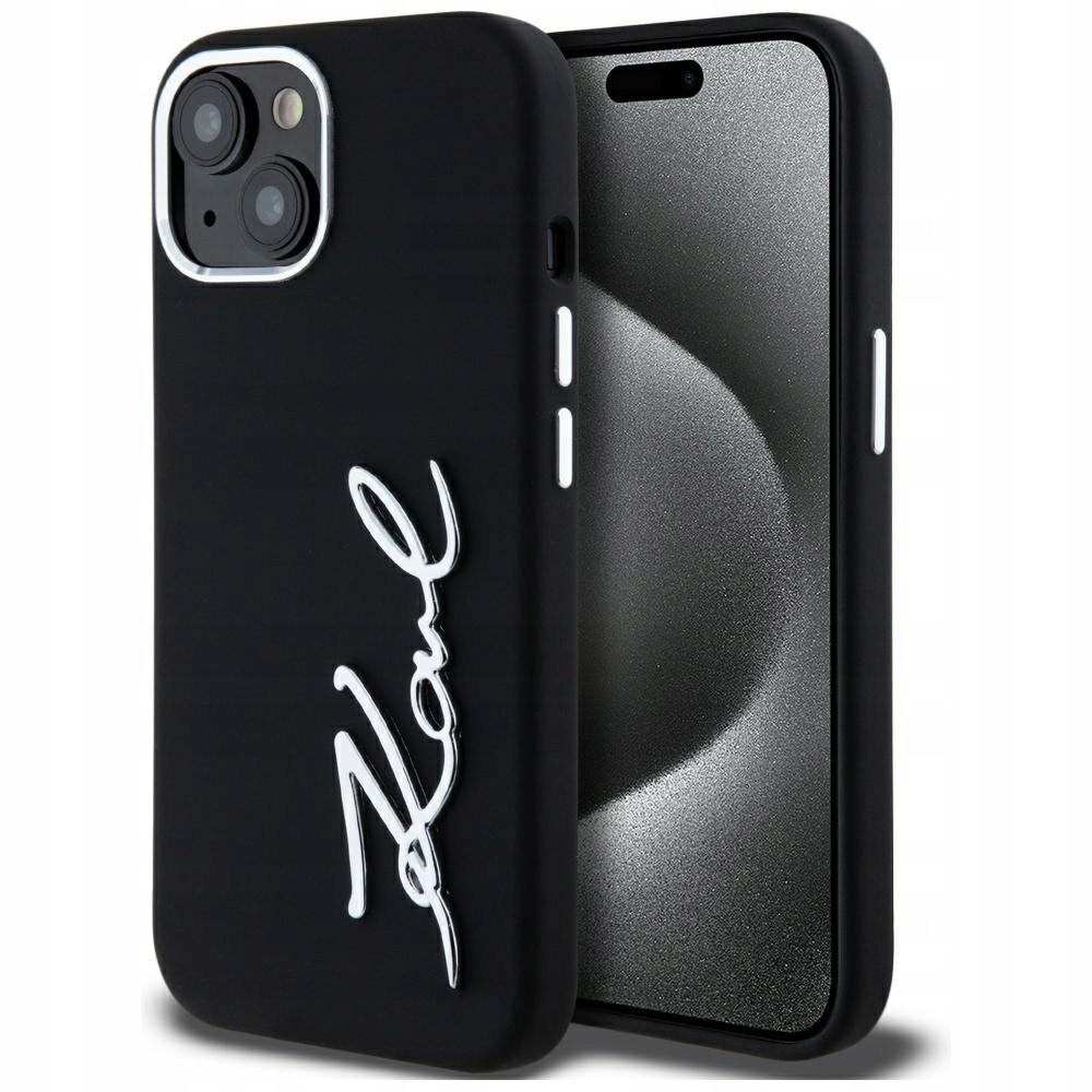Pouzdro Karl Lagerfeld Silicone Metal Script Logo pro iPhone 15, černé
