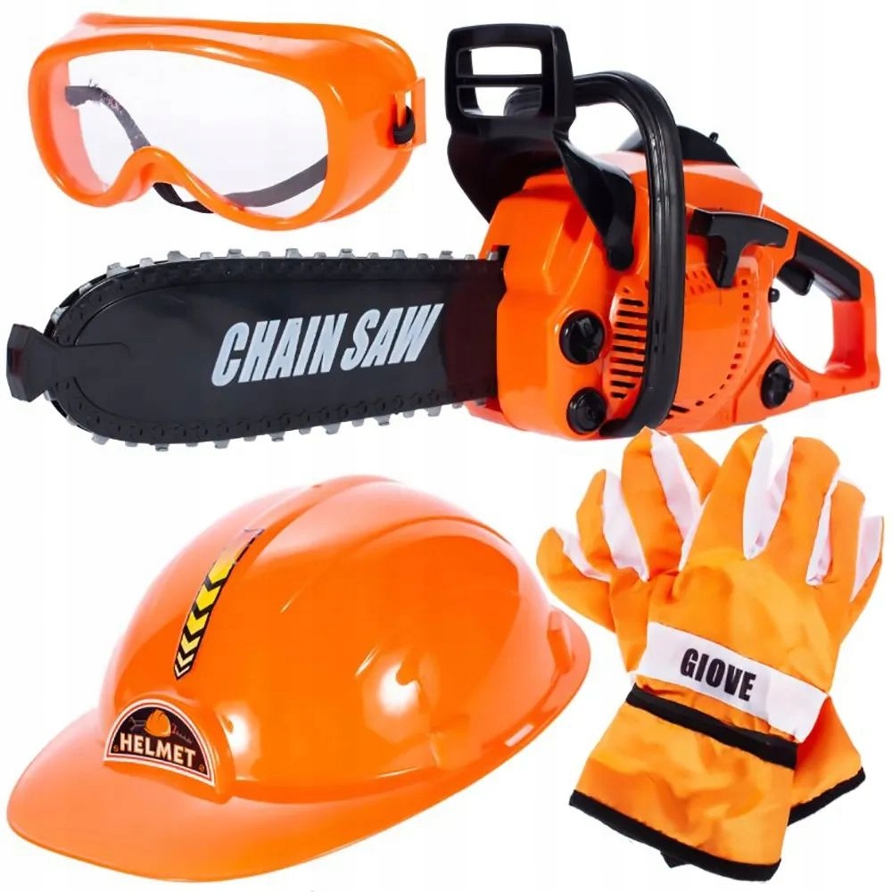 PIŁA ŁAŃCUCHOWA DLA DZIECI Z KASKIEM RĘKAWICAMI OKULARAMI ZESTAW DRWALA Marka LandToys