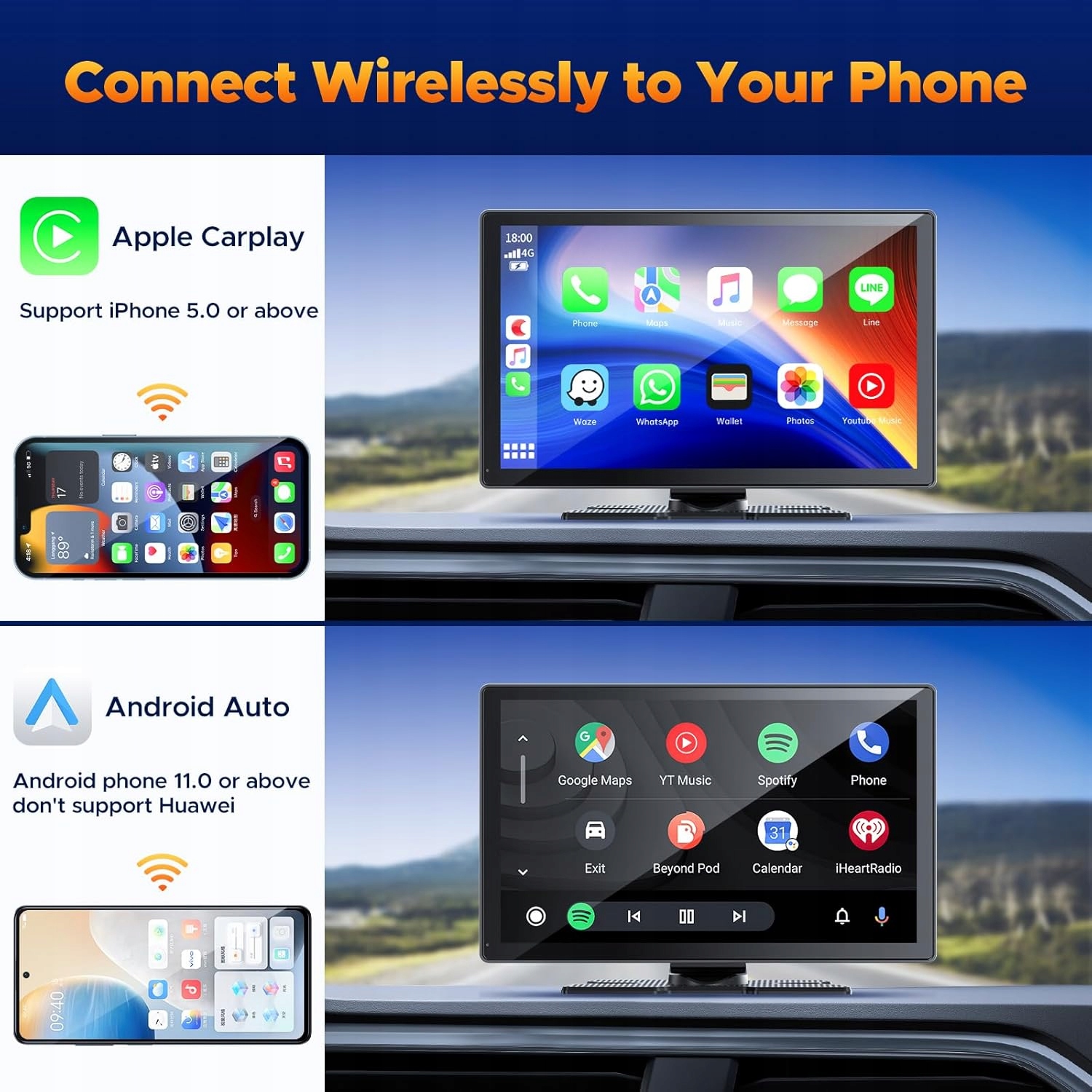 Volam 9-calowy bezprzewodowy wyświetlacz Carplay Android Auto Marka bez marki