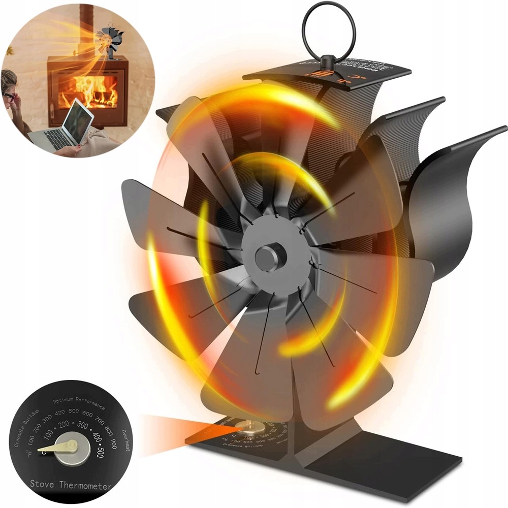 Termoelektrický Krbový Ventilátor, 8-LOPATKOVÝ Ventilátor, Černý