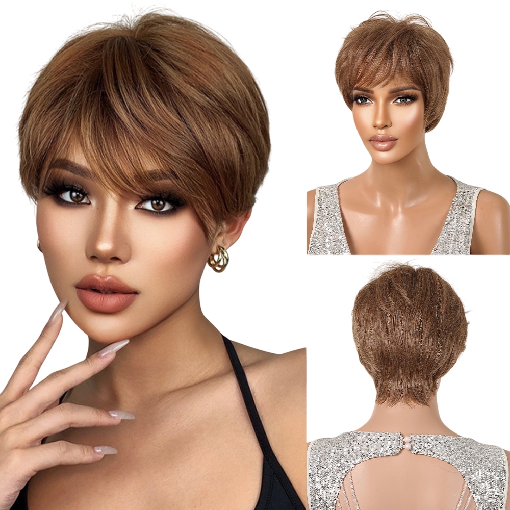 Peruka krótka jasny brąz pixie włosy na co dzień jak naturalne