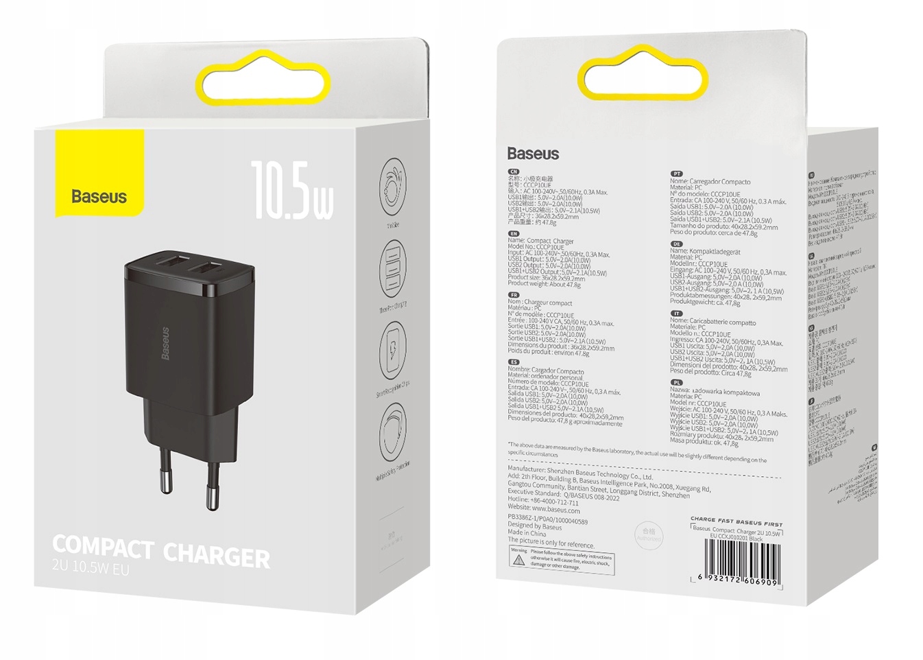 BASEUS COMPACT ŁADOWARKA SIECIOWA 2X USB 10.5W CZARNY Napięcie wyjściowe 5 V