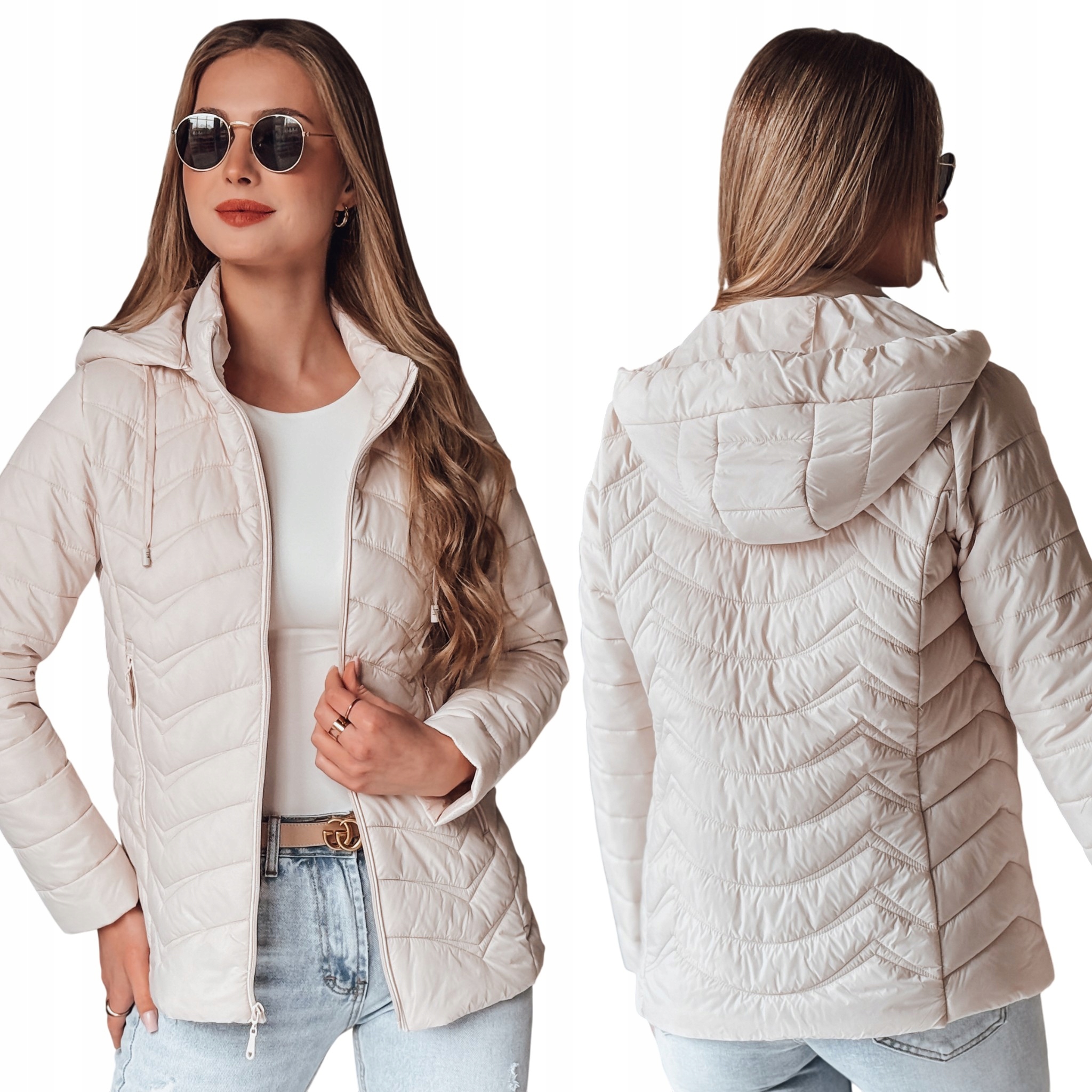 Przejściowa kurtka damska z kapturem pikowana beżowa TY4867 S