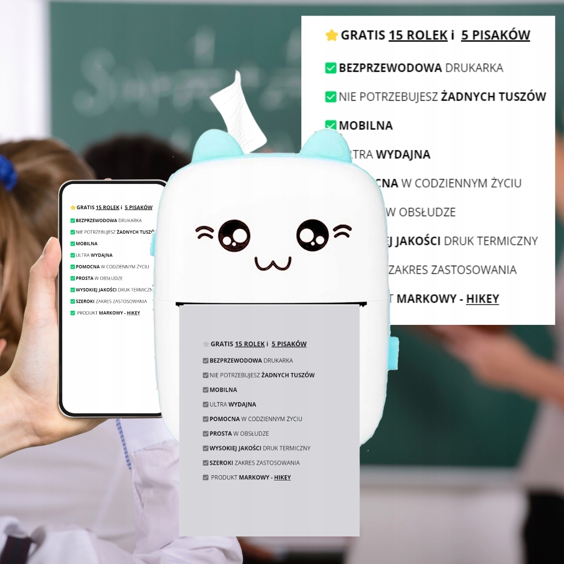 DRUKUŚ DRUKARKA TERMICZNA PRZENOŚNA MINI KOT DO ZDJĘĆ+ 16 SZT ROLEK PAPIERU Stan opakowania oryginalne