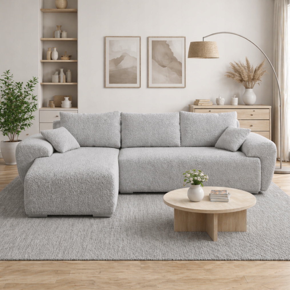 Rohová Sedací Souprava s funkcí spaní Nesto Levá Boucle Šedá Rohová Sedačka rozkládací