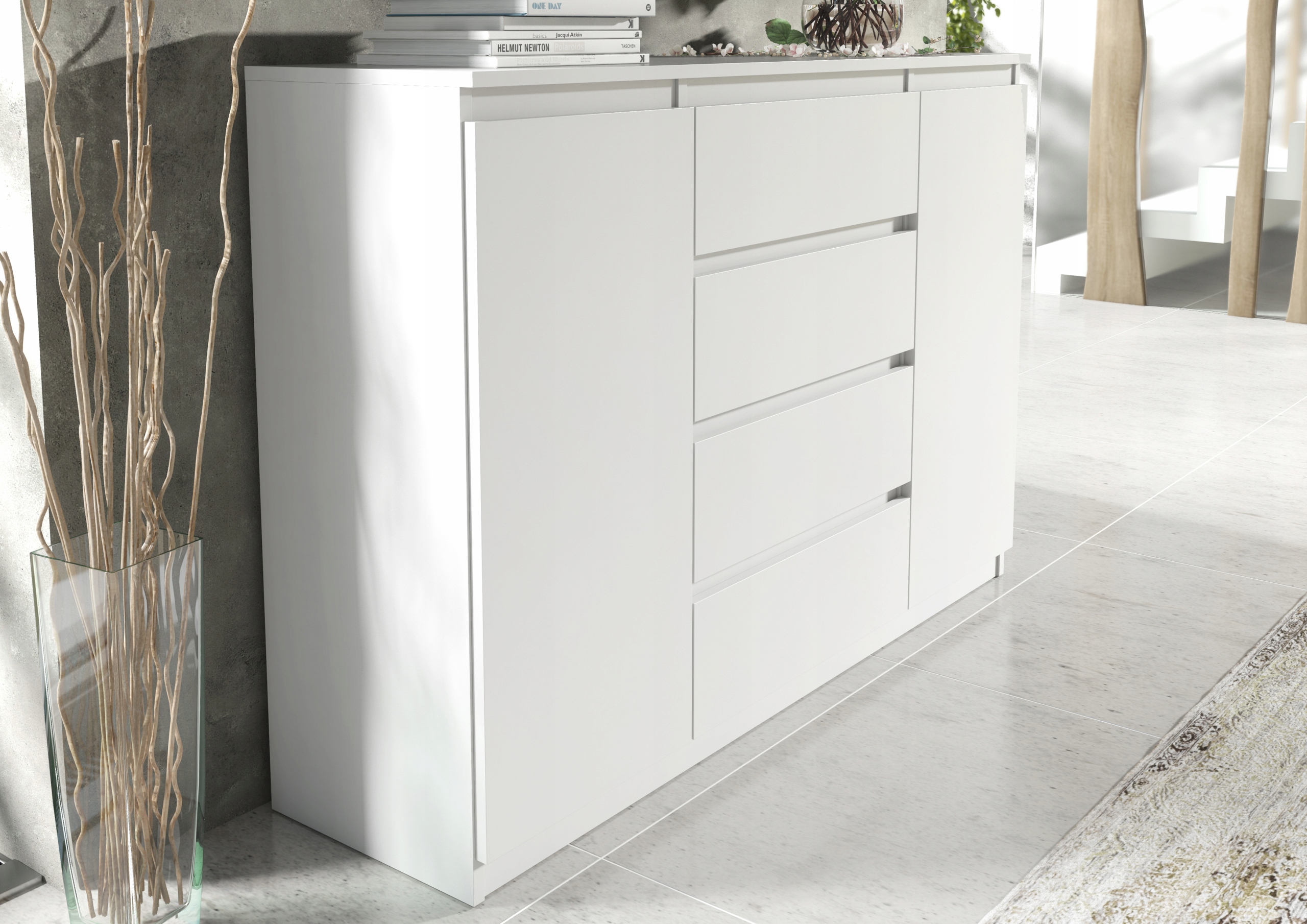 NOWOCZESNA KOMODA 140CM BIAŁA 4 SZUFLADY 2 DRZWI DO SALONU SYPIALNI Kolor mebla biały