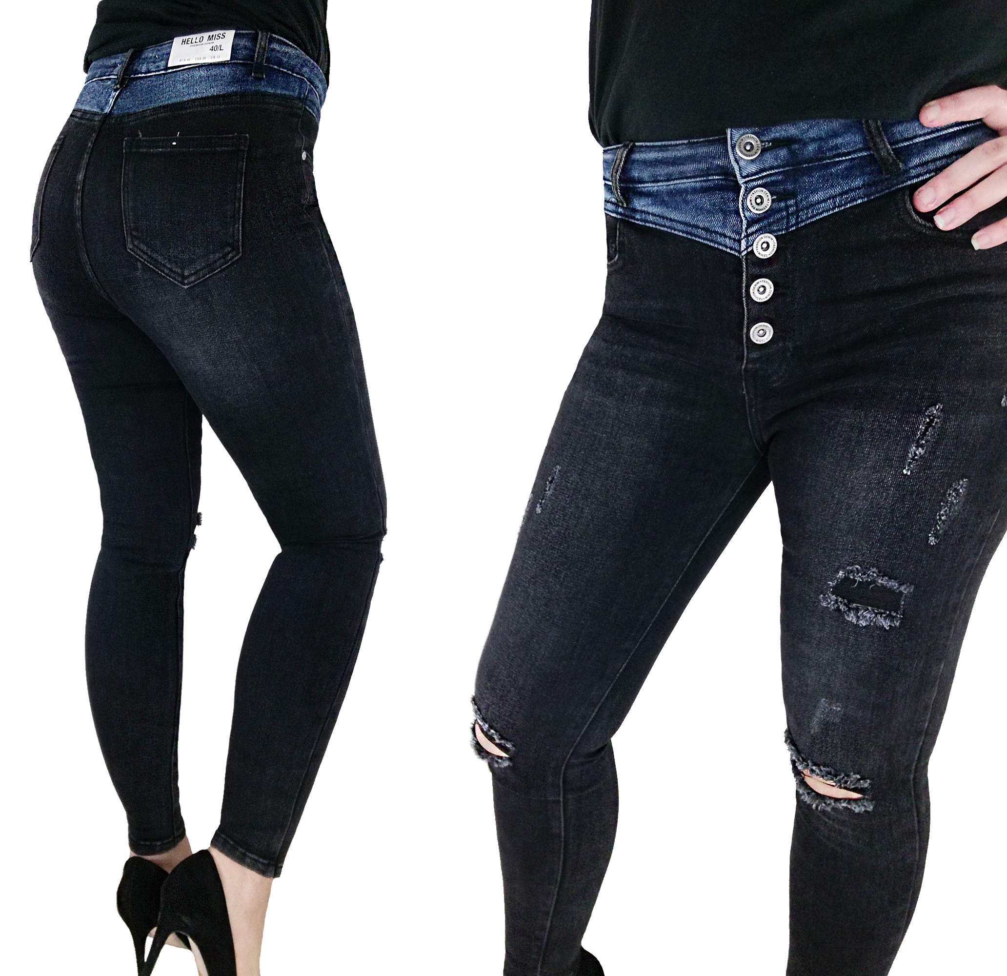 

Hitowe Dwukolorowe Jeansy Skinny Guziki Xs 34