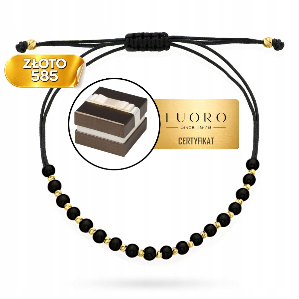 Náramek Zlatý 585 14K Diamantové Kuličky Černý Nastavitelný Provázek 14 CM