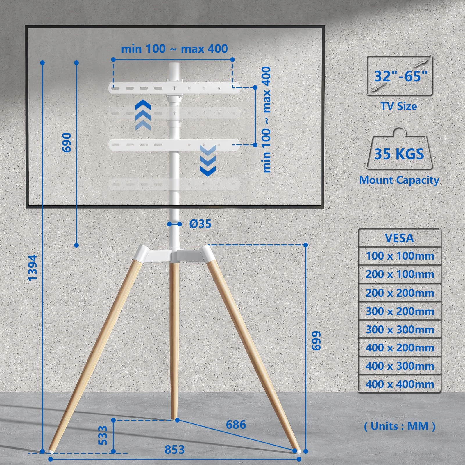 RFIVER Stojak TV Tripod Regulowany Do Telewizorów 32-65 Cal 35kg — miniatura 5