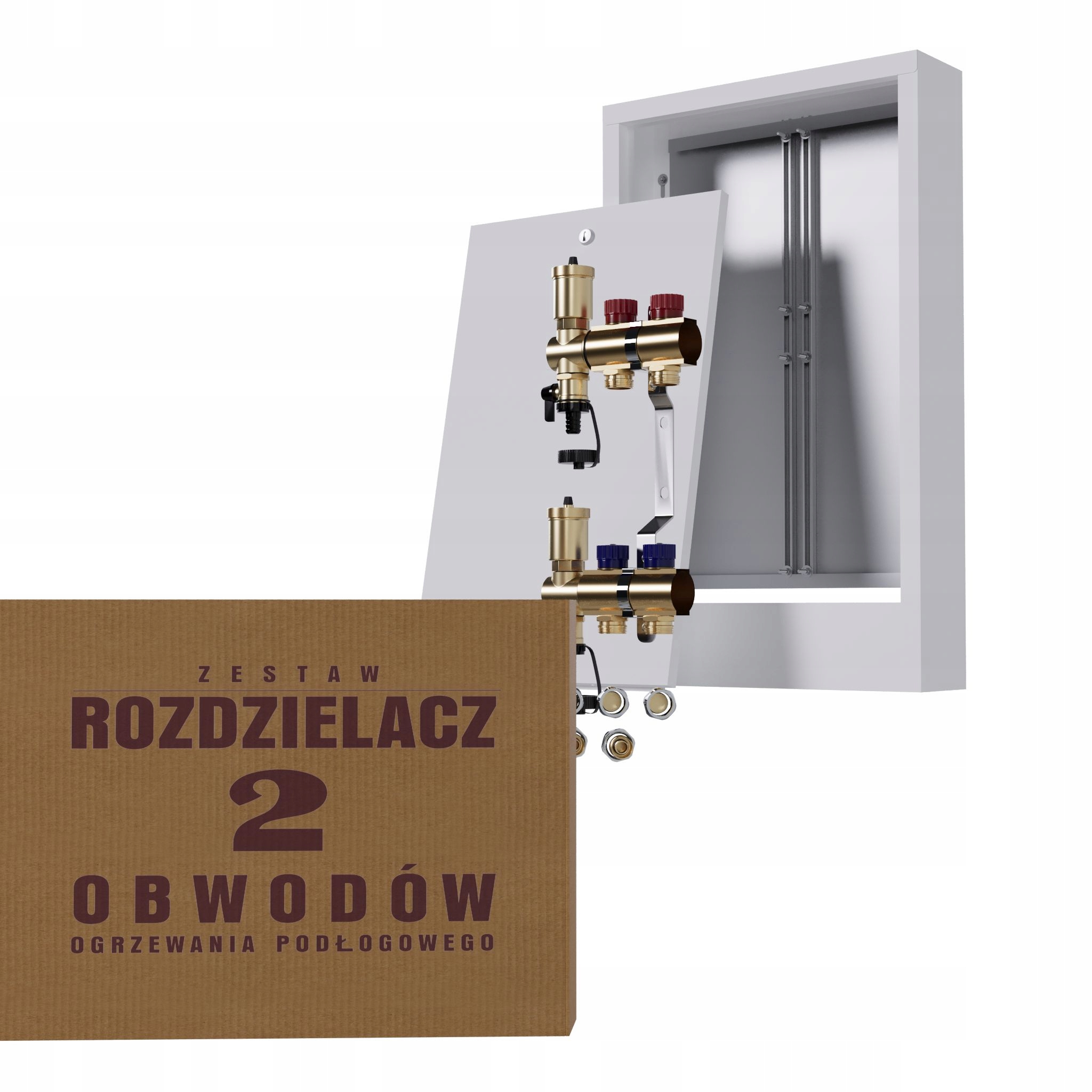 Manuální rozdělovač 2 okruhy pro radiátory nástěnná skříňka Pex