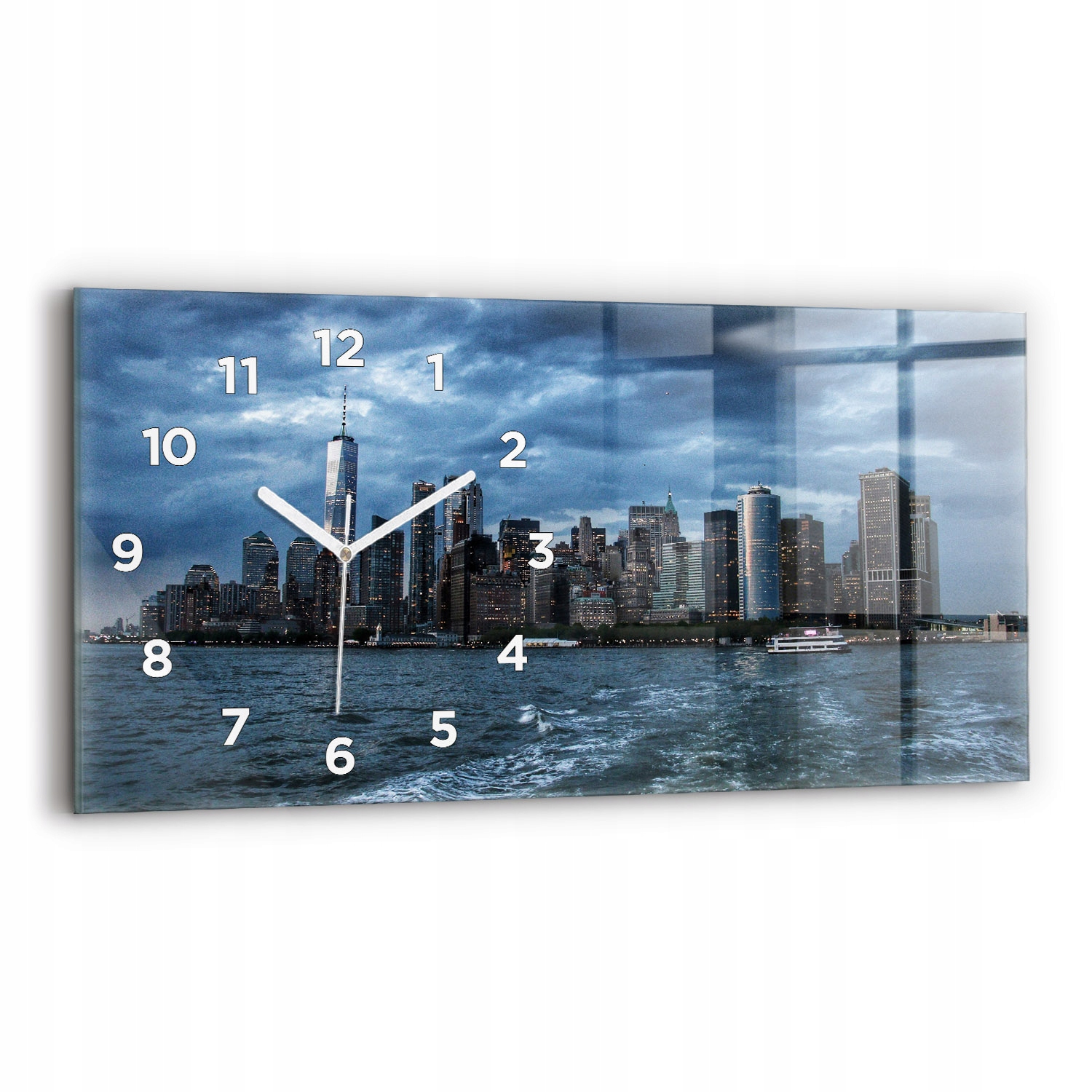 Nástěnné horizontální skleněné hodiny do kanceláře Panorama města New York 60x30 cm