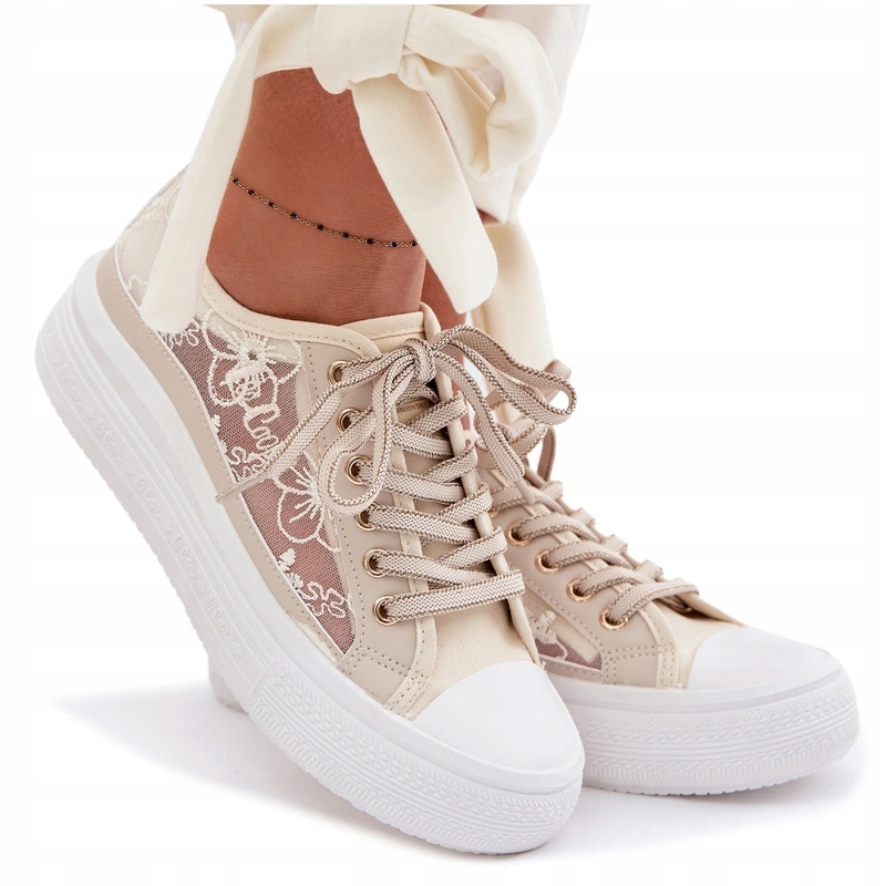 Trampki Damskie Koronka Siatka Haft Platforma Lee Cooper Białe 36