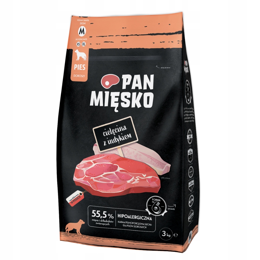 PAN MIĘSKO KARMA DLA PSA CIELĘCINA Z INDYIEM 3KG