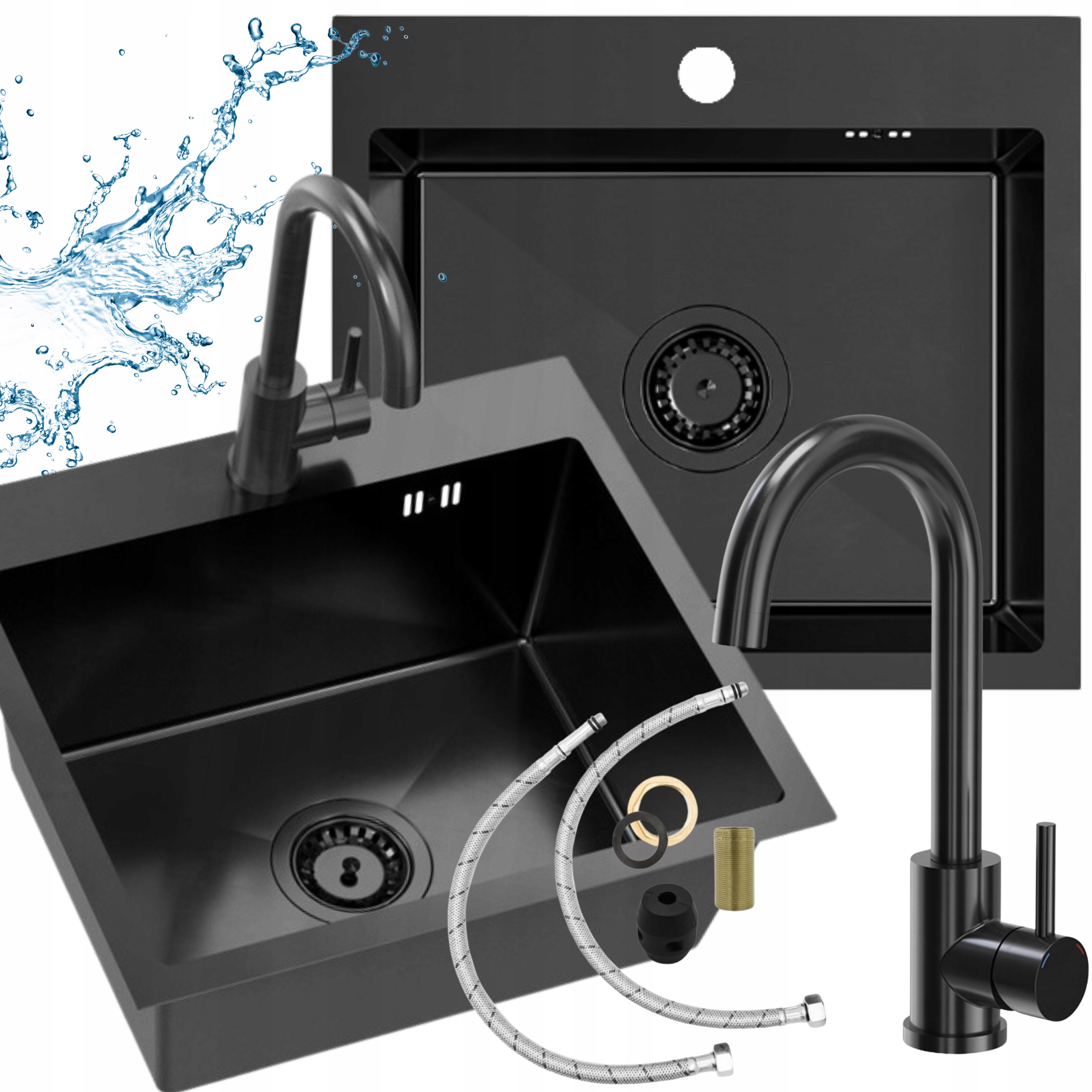 Čierny oceľový Jednokomorový Drez s kuchynskou batériou sitko Sifón 8v1