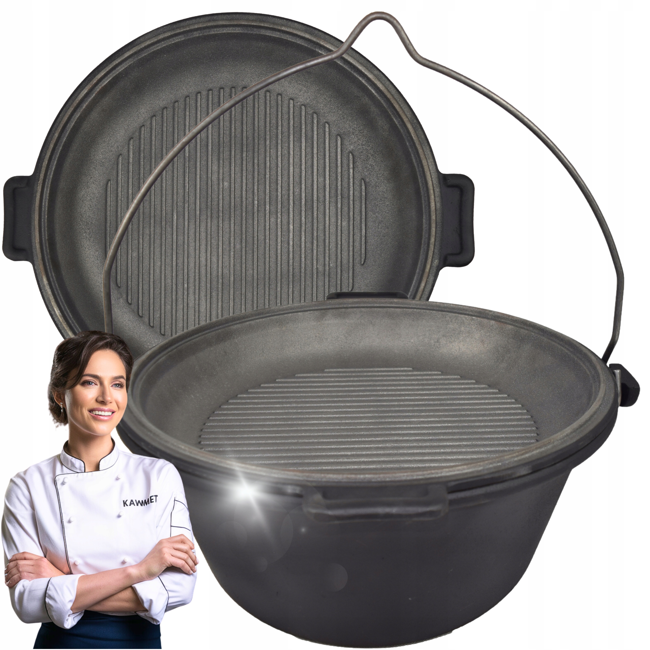 2w1 Kociołek żeliwny węgierski myśliwski pieczonki wiszący Garnek Patelnia