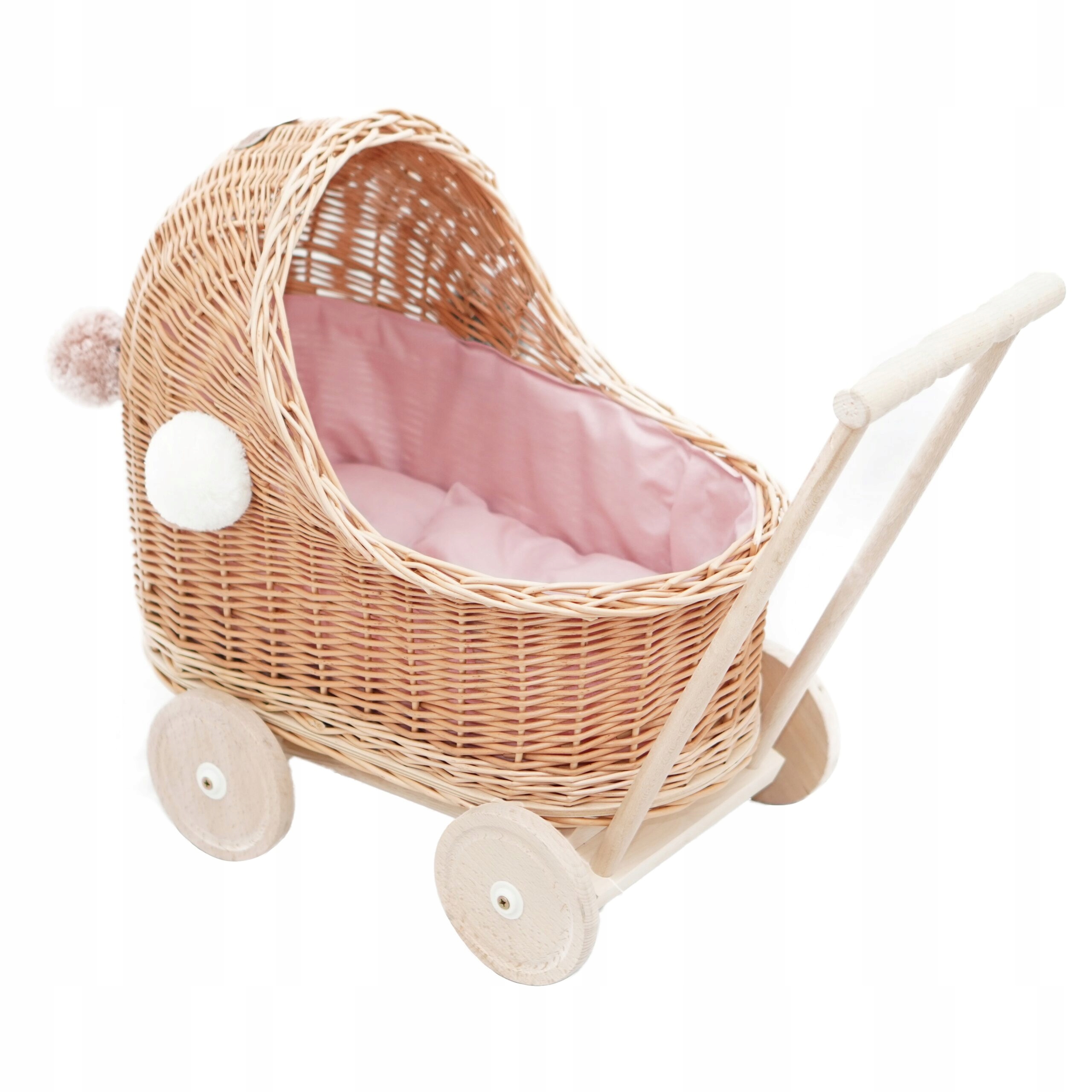 WÓZEK WIKLINOWY DLA LALEK PCHACZ DLA DZIEWCZYNKI POMPONY