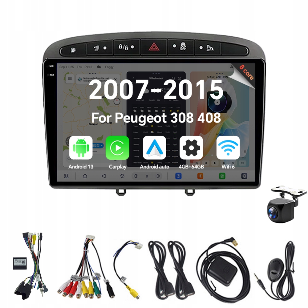 2Din Android 13 autorádio pro Peugeot 308 408 2007-2015 4G 64G Carplay Rds