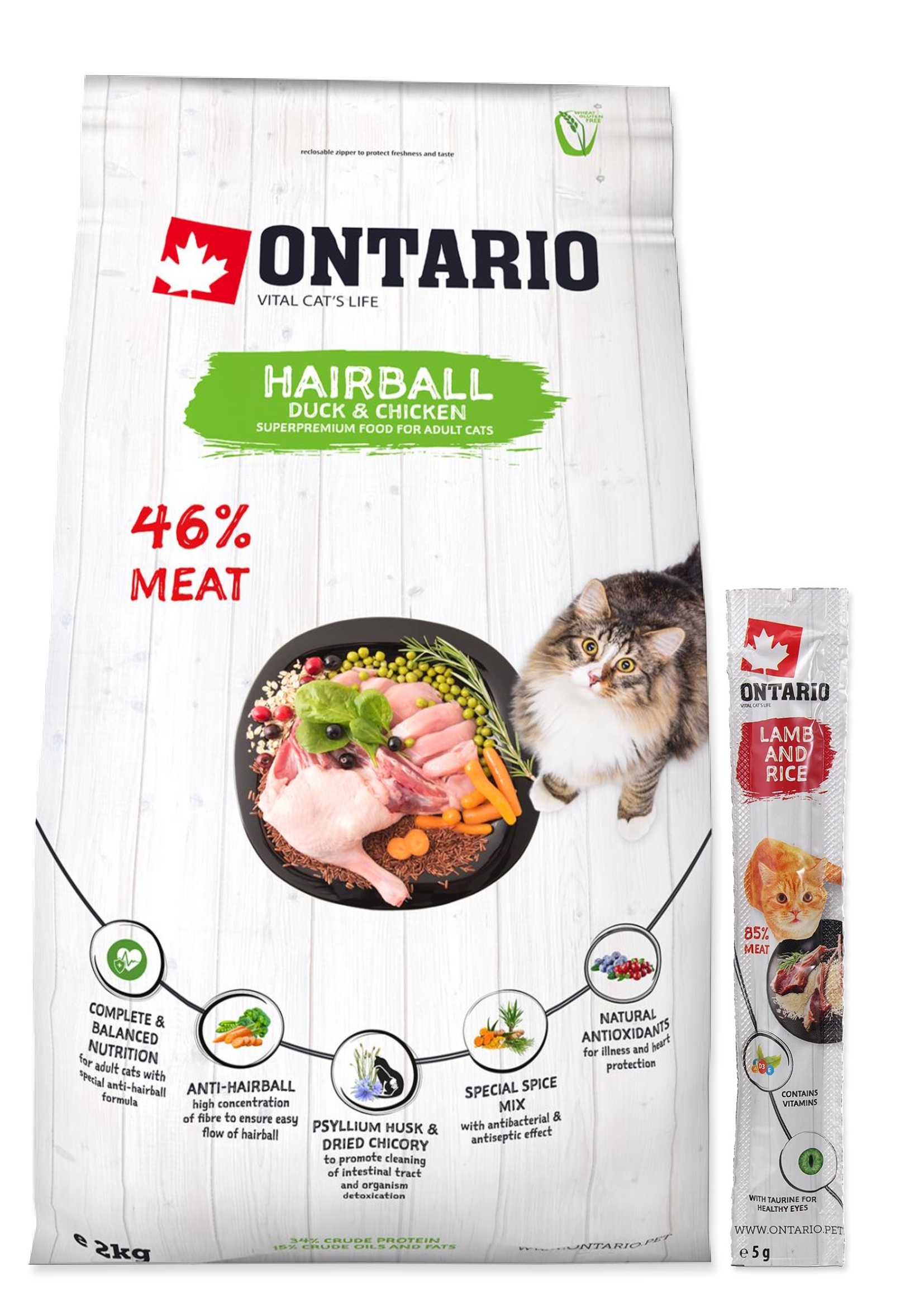 Levně Suché krmivo Ontario Hairband Duck Krmivo Pro Kočky kočky s triškami chlupů