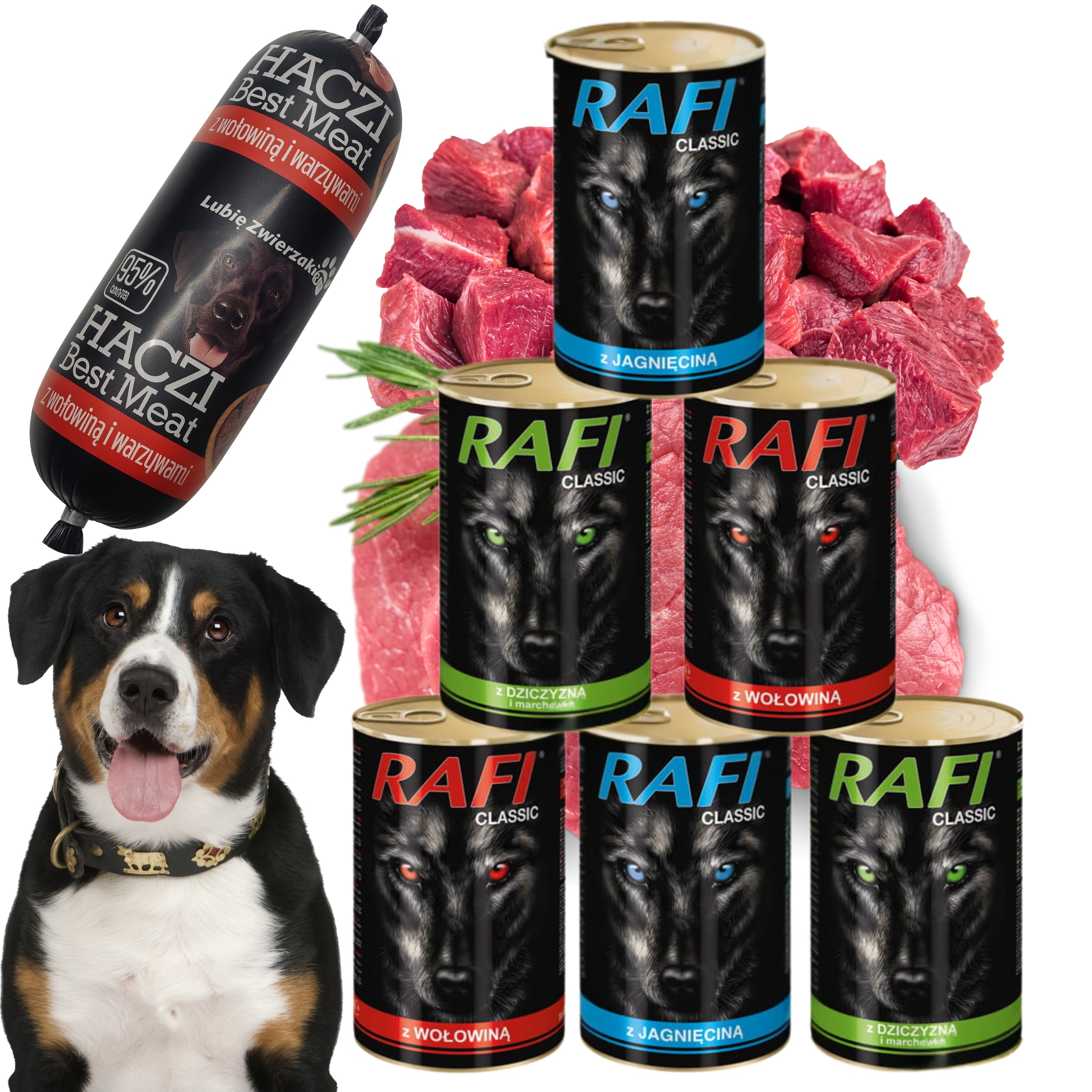 Mokra karma dla psa puszka Rafi Classic mix 1240g 18 sztuk baton Haczi