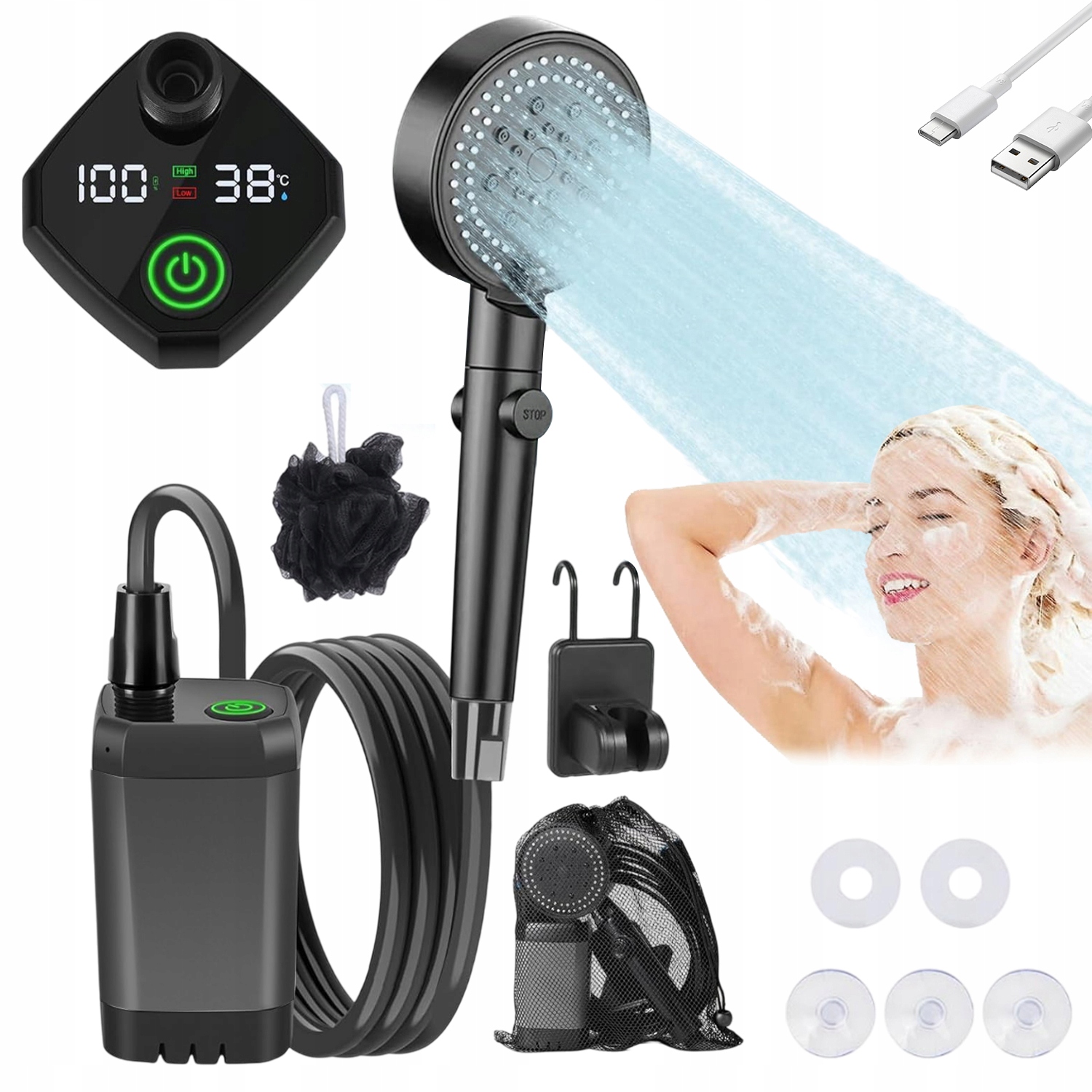 Prysznic Turystyczny Kempingowy Pompa Elektryczna Akumulator Usb 6000mAh