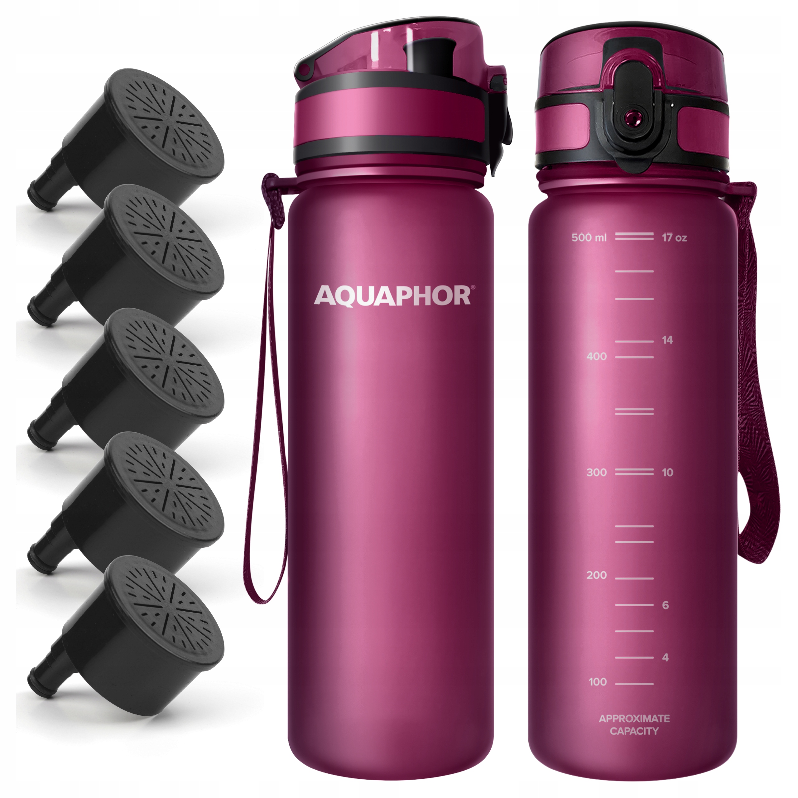 Butelka z Filtrem Aquaphor City 500 ml Bordowa Bidon na spacer 5 Filtrów