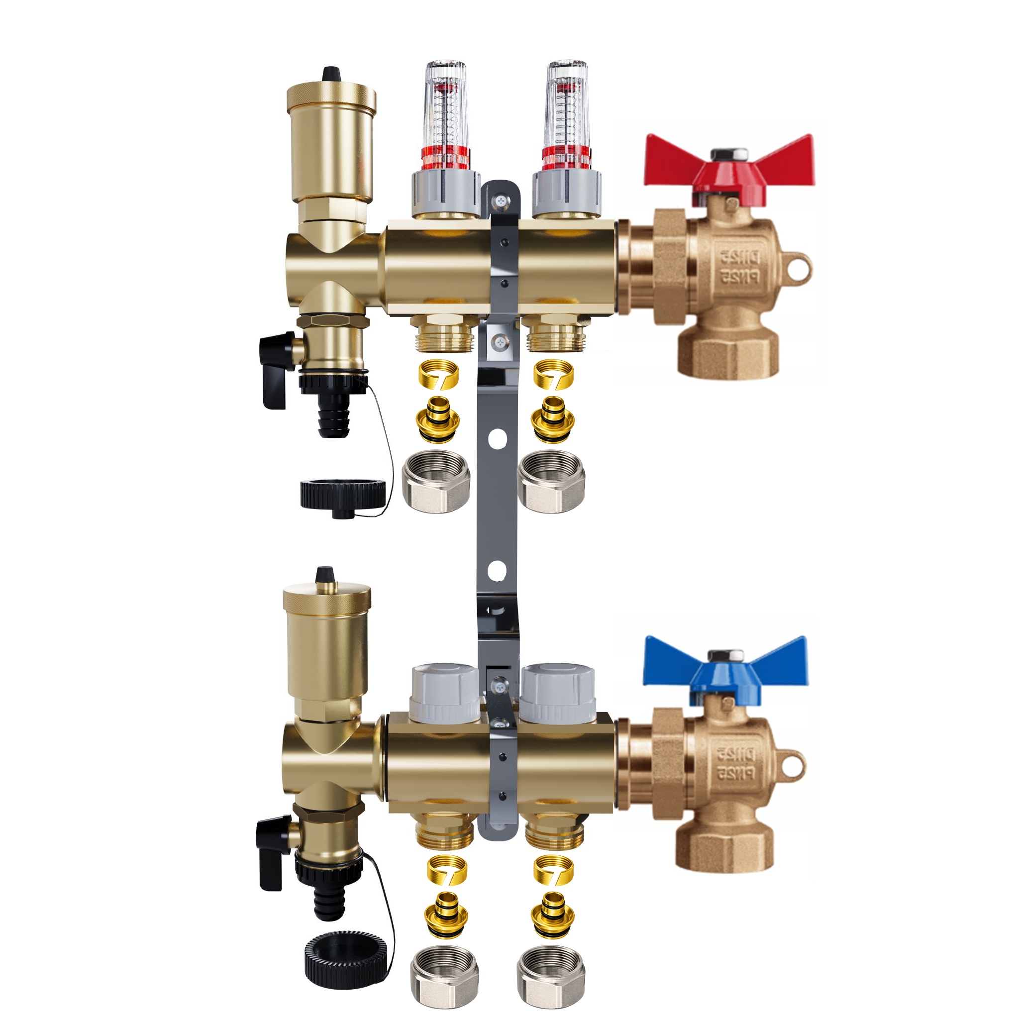 Mosazný rozdělovač 2 okruhy Vytápění Podlahové kulové ventily Pex