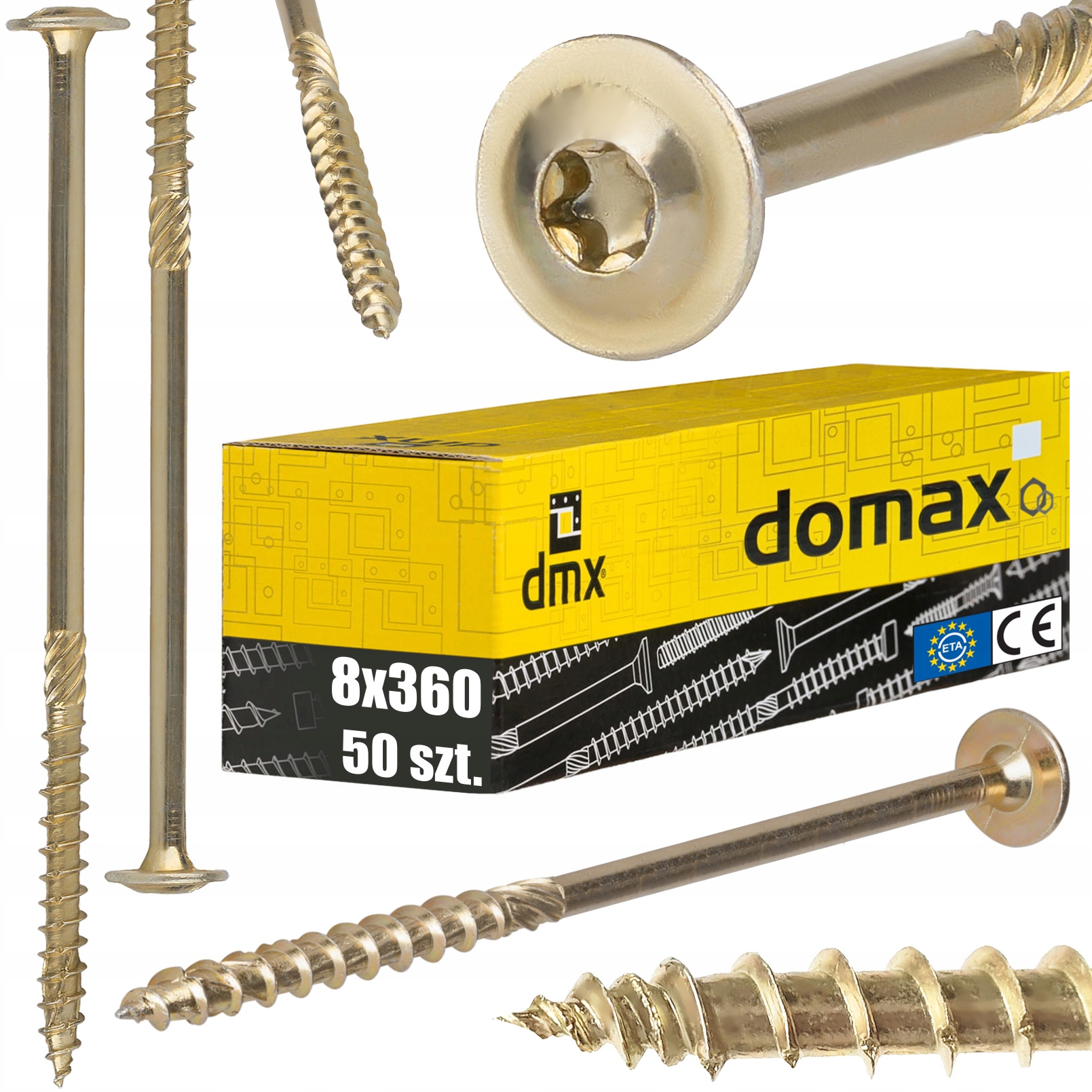Wkręty ciesielskie do drewna 8x360 talerzowe długie ocynk Torx Domax 50 szt
