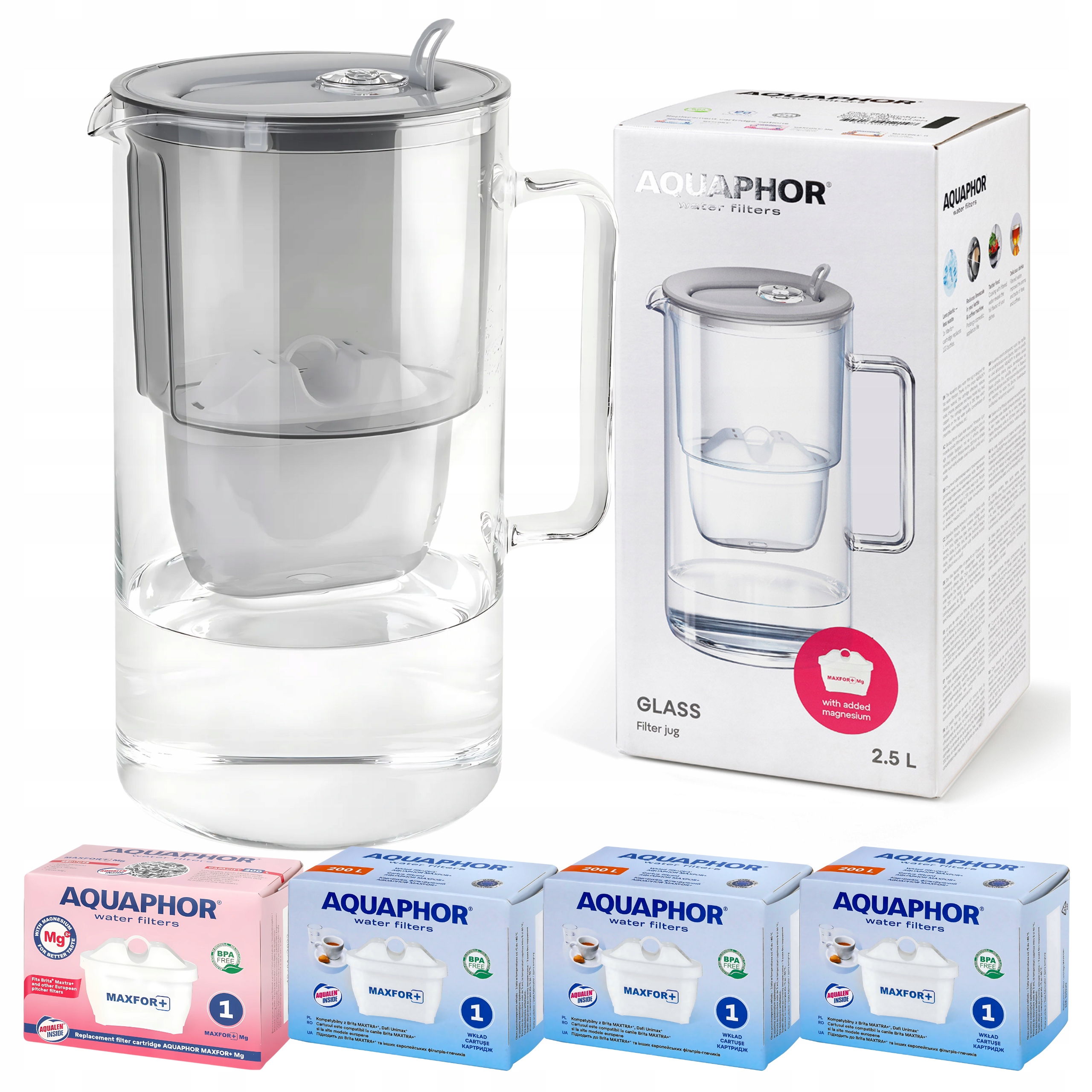 Filtrační konvice skleněná Aquaphor Glass Šedá 4 filtrační vložky Maxfor