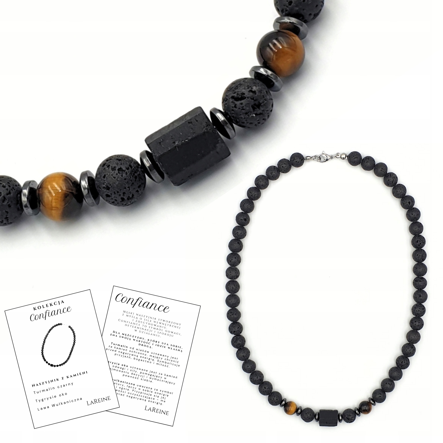 Naszyjnik męski turmalin tygrysie oko lawa 45cm kamienie stal szlachetna