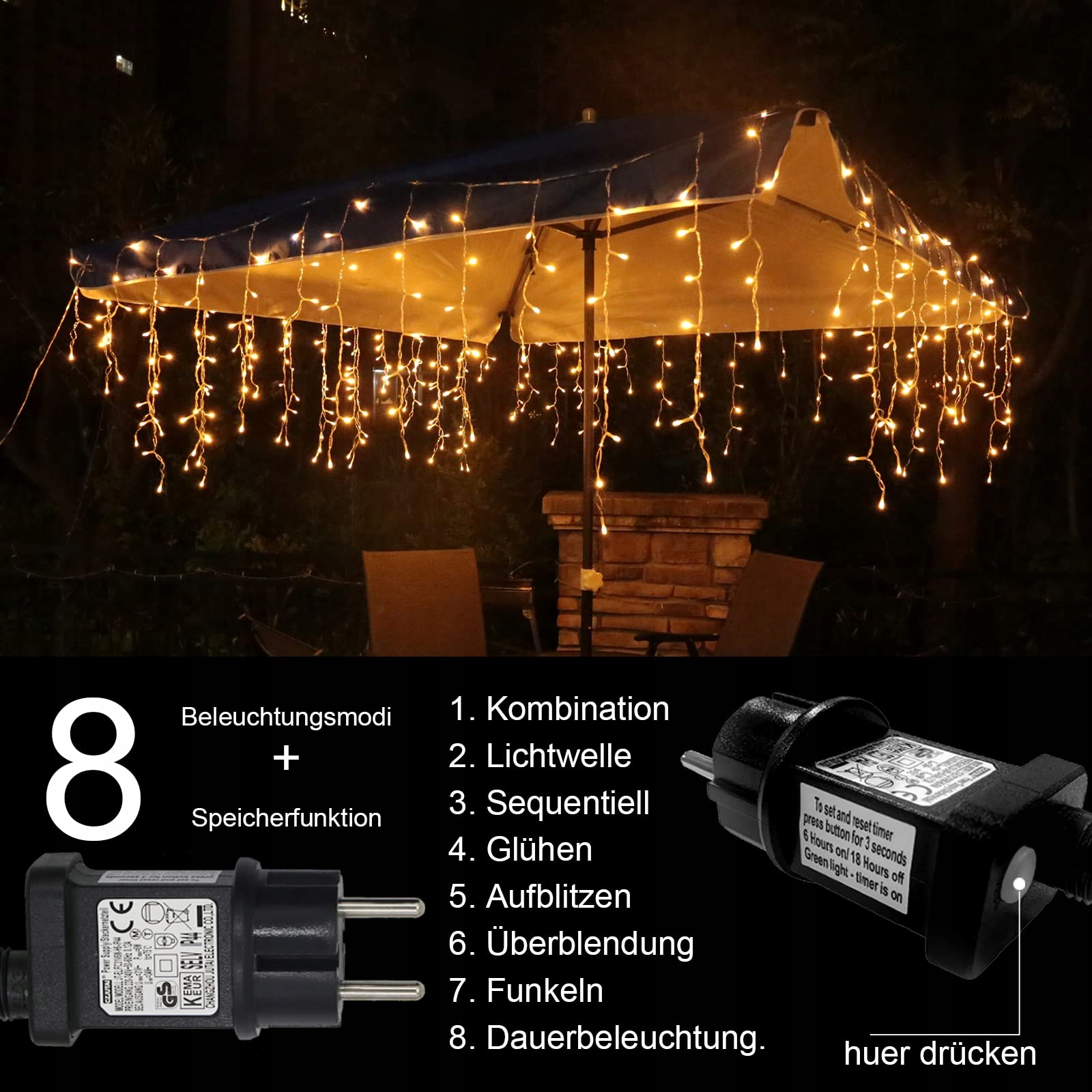 INTERGO Kurtyna Świetlna LED 5m 200 LED Timer IP44 Wodoodporna 8 Trybów — miniatura 4