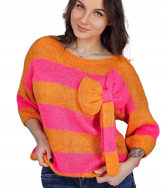 Dámský svetr s širokými pruhy zdobený velkou mašlí Viviene unisize