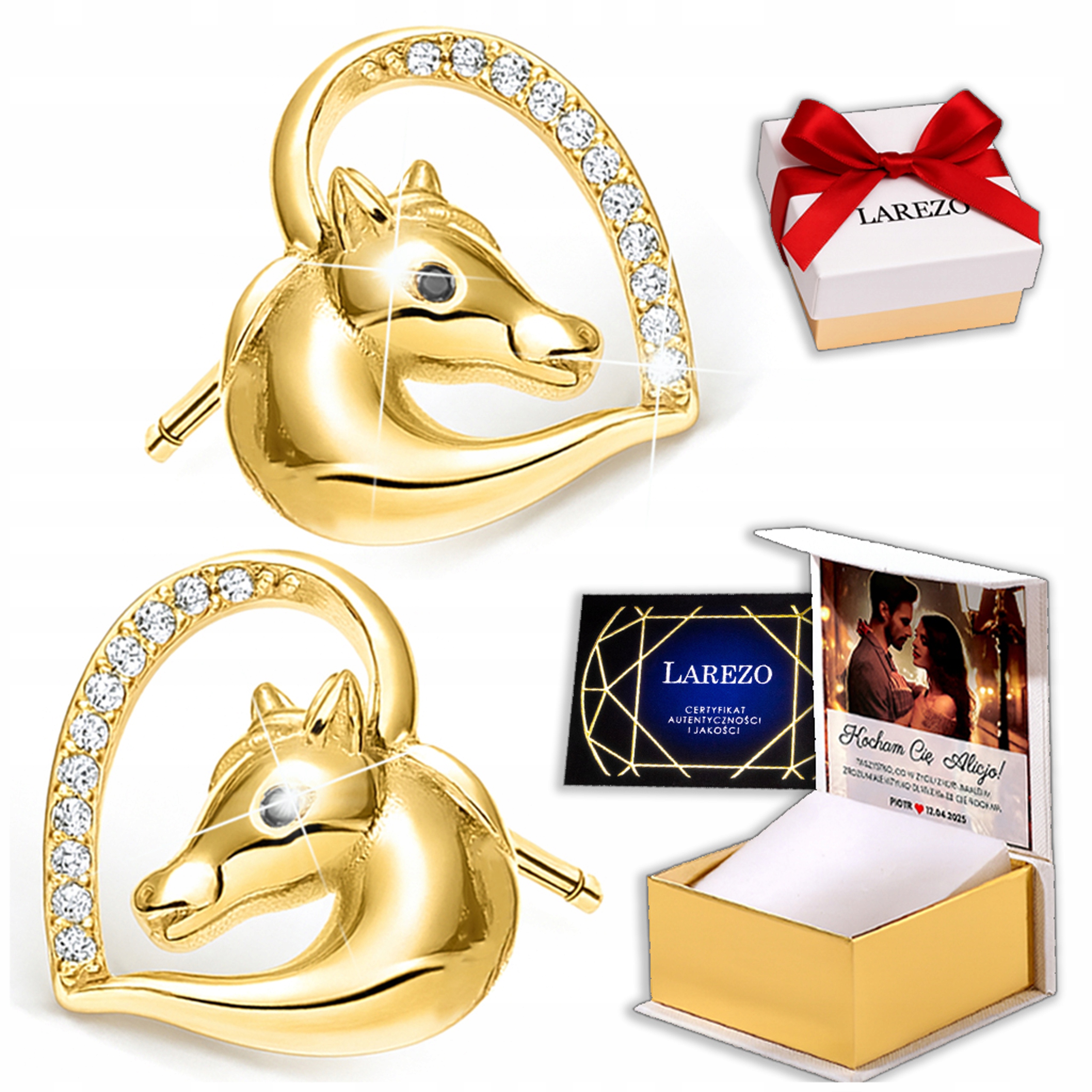 Náušnice Zlaté s koněm srdce pro dívku Koně Zirkony Potisk