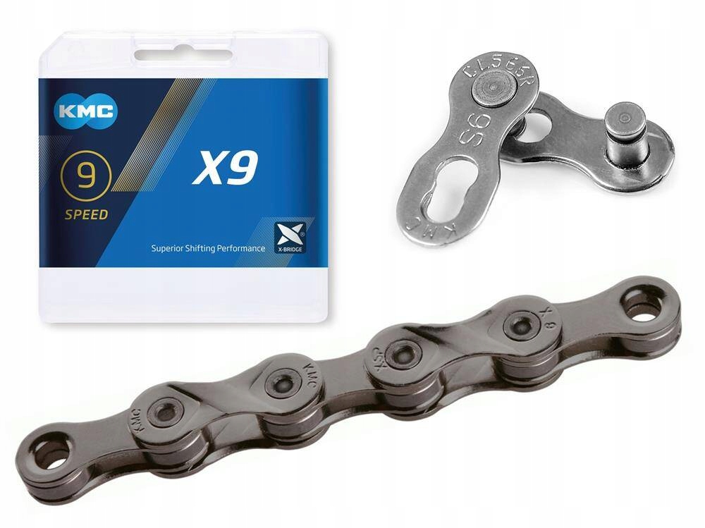 Łańcuch Kmc X9 szary, 114 ogniw, 6,6mm, 9-rzędowy, wytrzymały, spinka