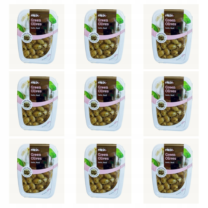 Zelené olivy drilované česnek a bazalka Lyrakis 200 g X9