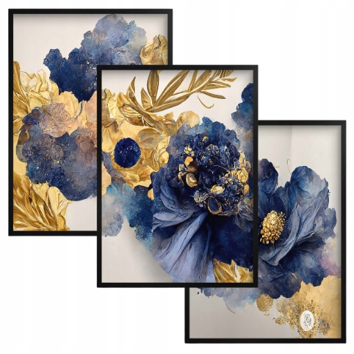 Ozdobné Plakáty Tryptych Obrazy na zeď Zlaté Květy do obýváku