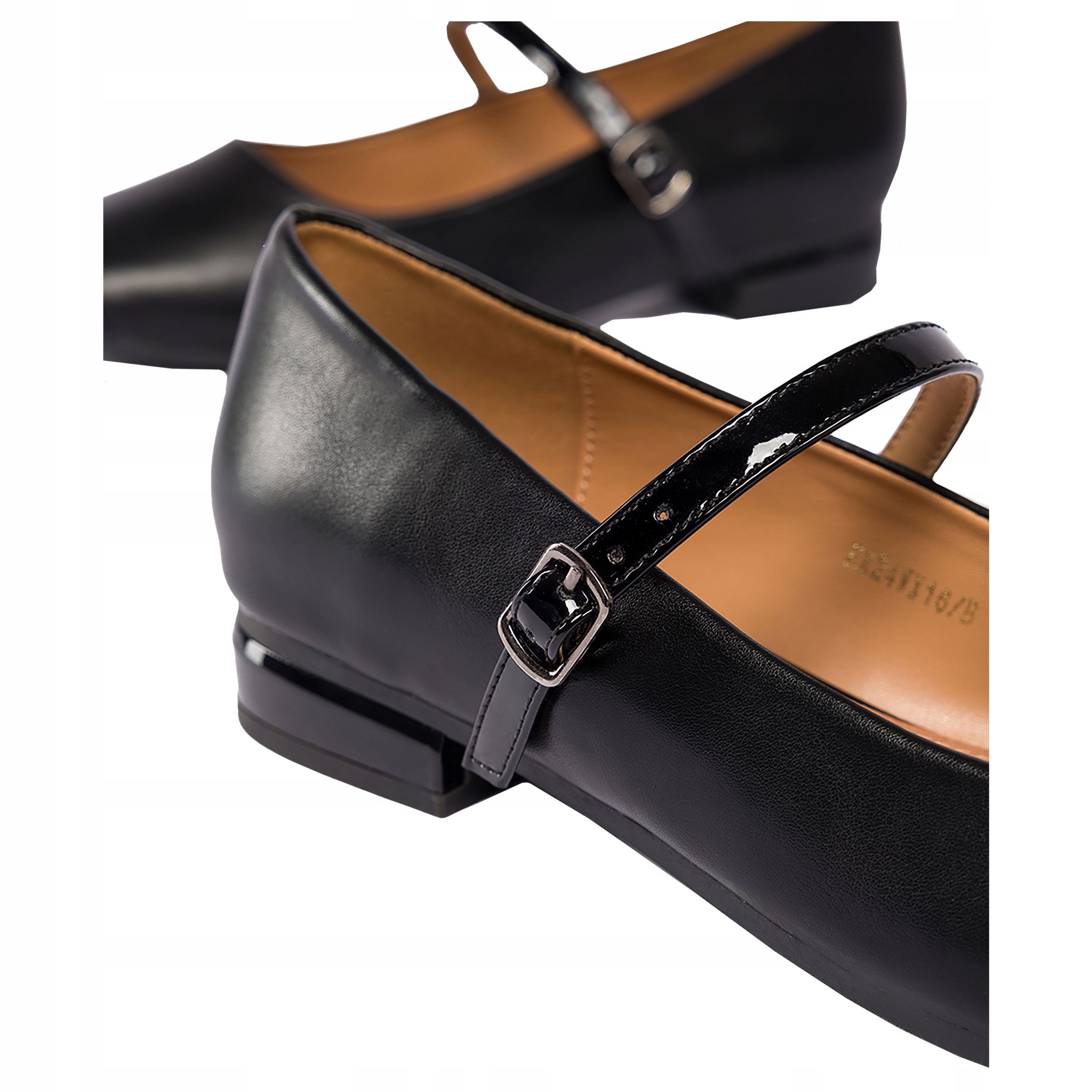 Baleriny Damskie Pasek Mary Jane Niski Obcas Skórzana Wkładka Czarne r 36