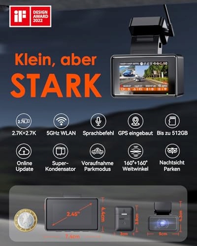 VANTRUE E2 Kamera Samochodowa 2.7K Przód Tył WiFi GPS 512GB 320° — miniatura 9