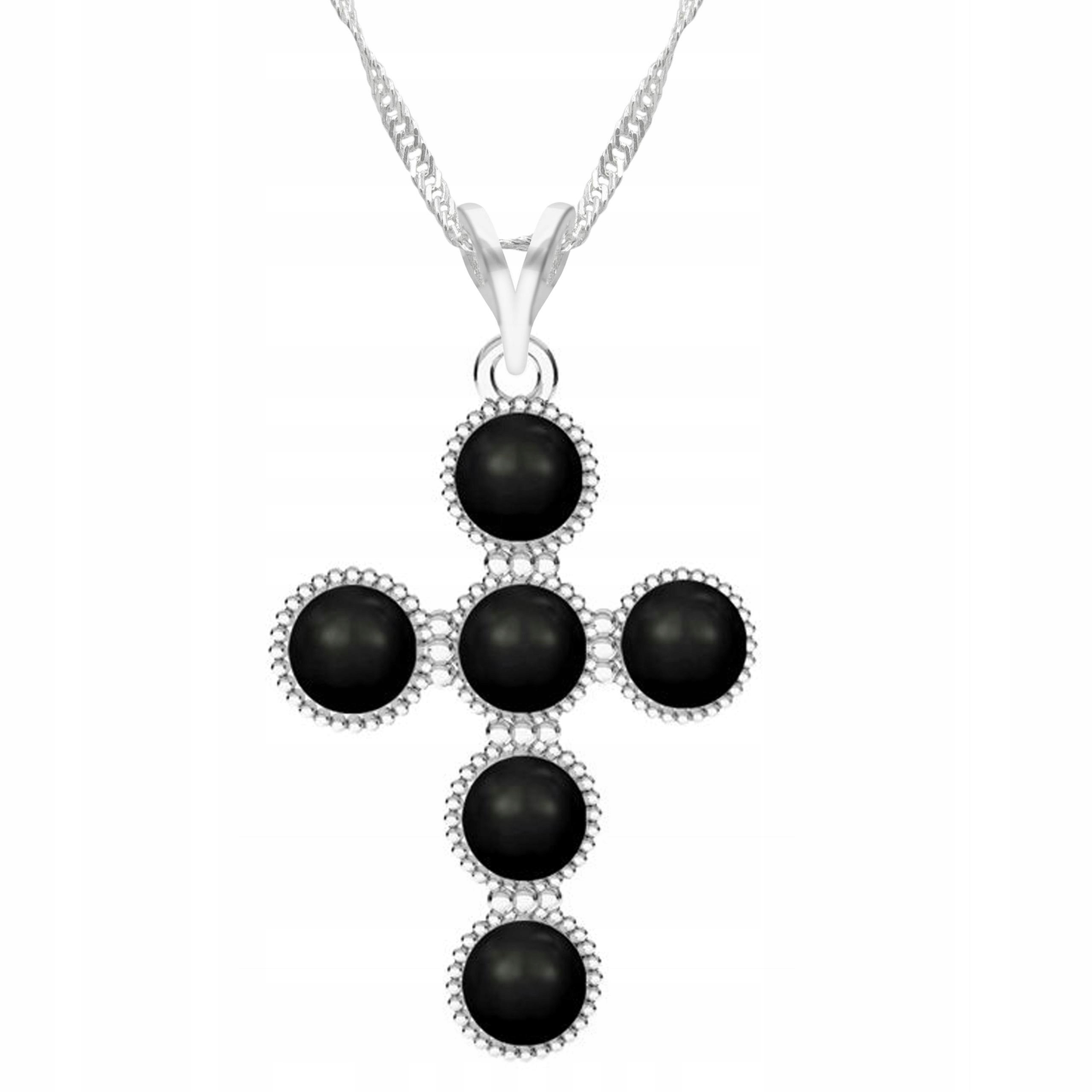 Stříbrný náhrdelník s křížem a perlami Černá perla Černý kříž Stříbro 925