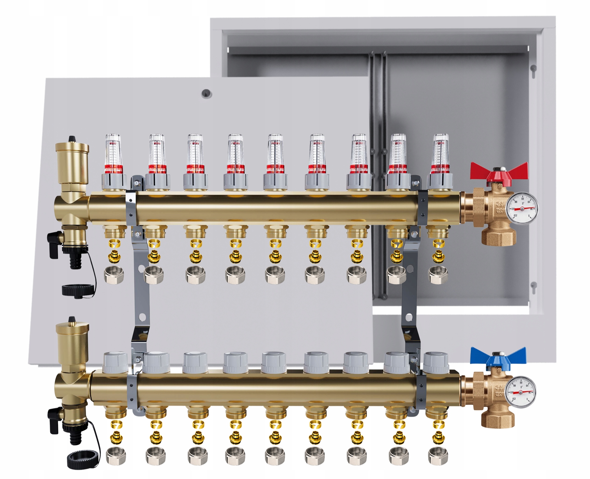 Rozdělovač Pro Podlahovou Krytinu 9 Okruhů Ventily Teploměr Krabička Pex