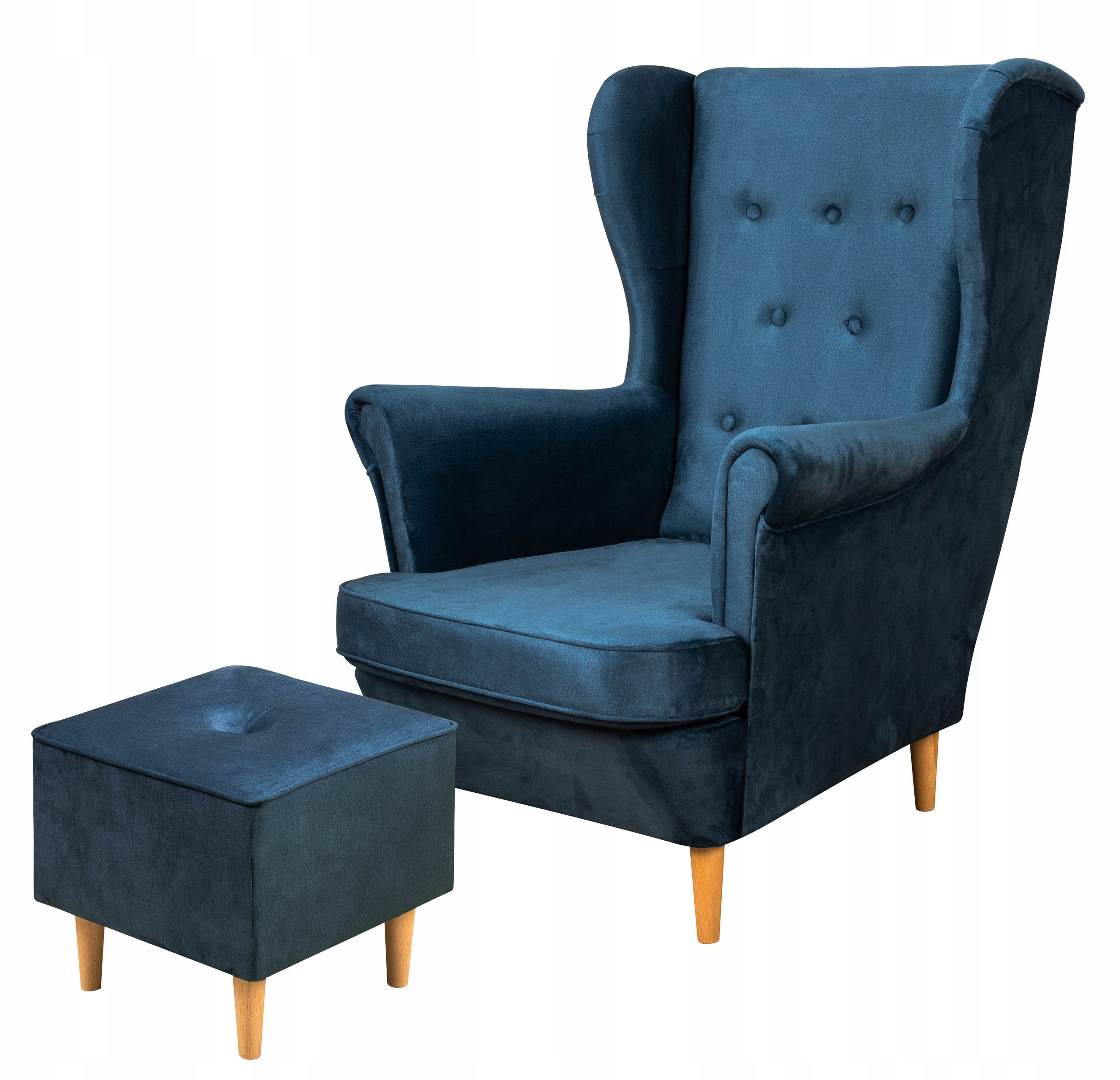 Skandinávský Set Do Obývacího Pokoje, Křeslo Typu Ušák S Podnožkou, Tmavě Modrá Barva