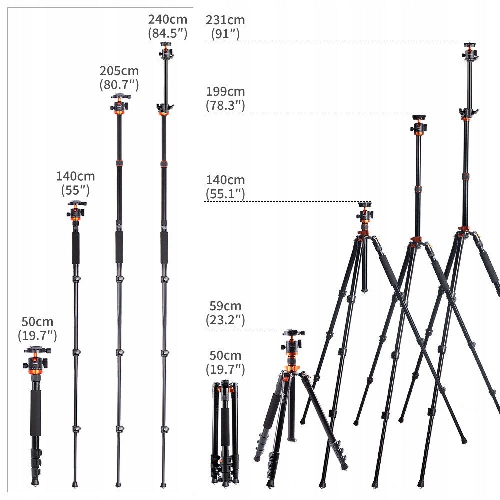 TRIPOD/STATYW K&F ALU/MAG 231cm KF09.087V4 FLATLAY Kolor czarny