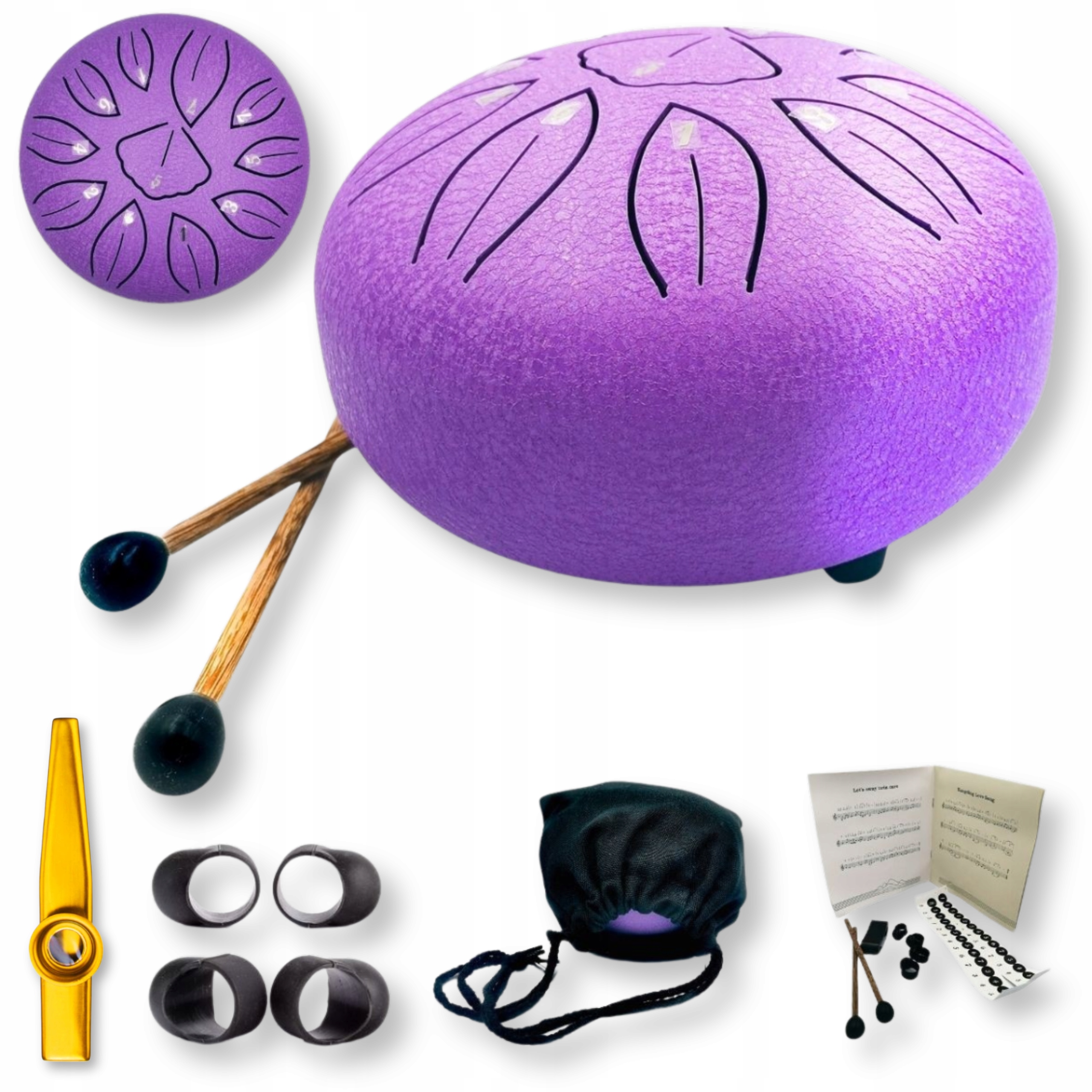 Jazykový buben 11 tónů 6" fialový, dešťový ocelový bubínek Tongue Drum