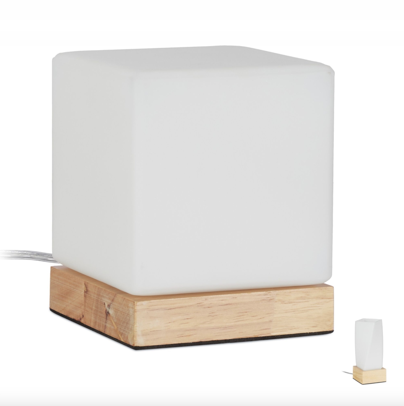 Stolní lampa kostka mléčné sklo bílé dřevo
