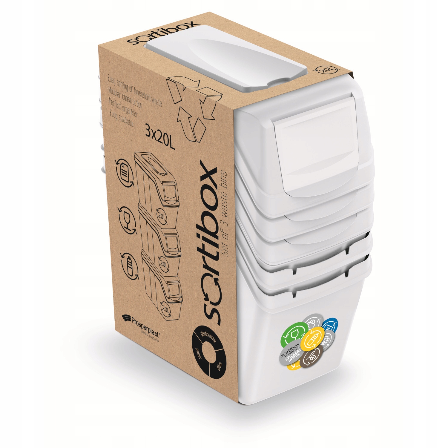 Zestaw Koszy Pojemników do Segregacji Śmieci 3x20L Marka Prosperplast