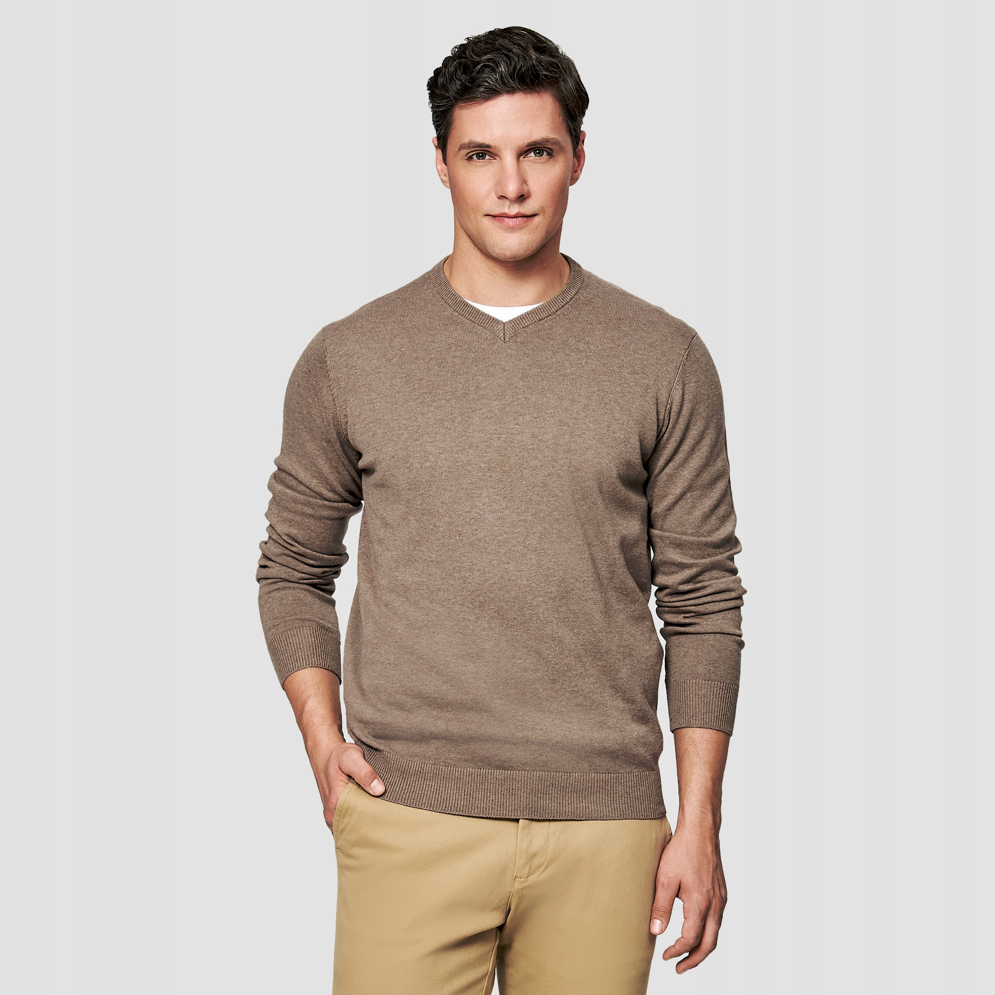 Béžový pánský svetr s výstřihem do V 100% bavlna Pako Lorente vel