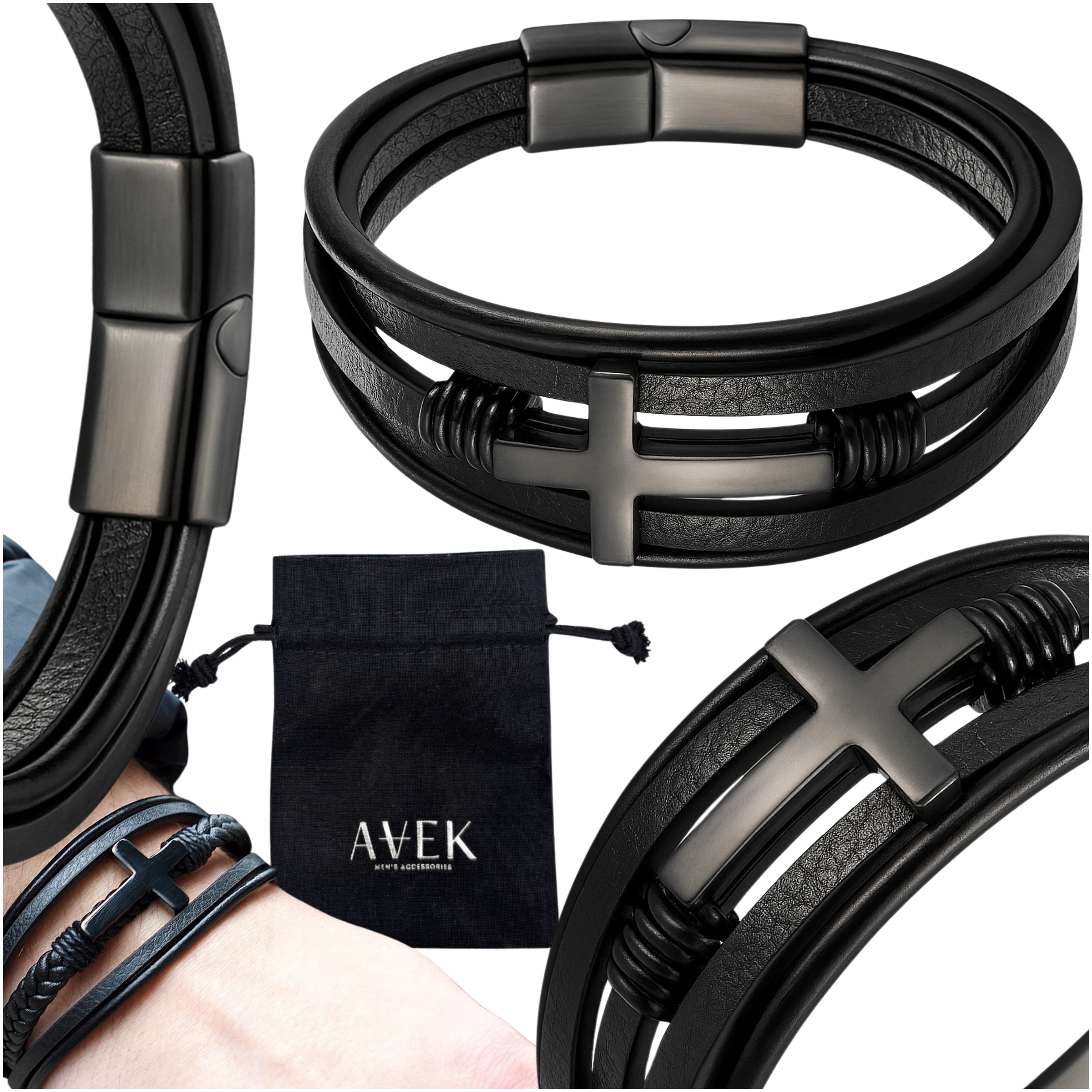 Pánský Náramek S Křížem, Černá Ocel Z Kůže, Kříž 21 CM Avek