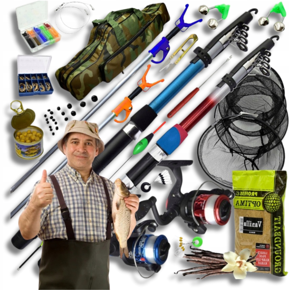 Rybářský Set 2x Rybářský prut 2x naviják Taška Síťka Opěrky Návnada Akceso